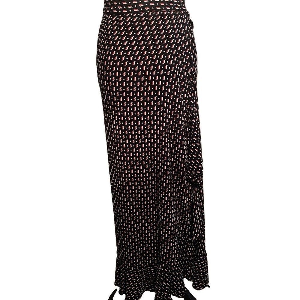 Flynn Skye Monica Ruffle Faux Wrap Maxi Skirt Geometric Wave Black Pink Small